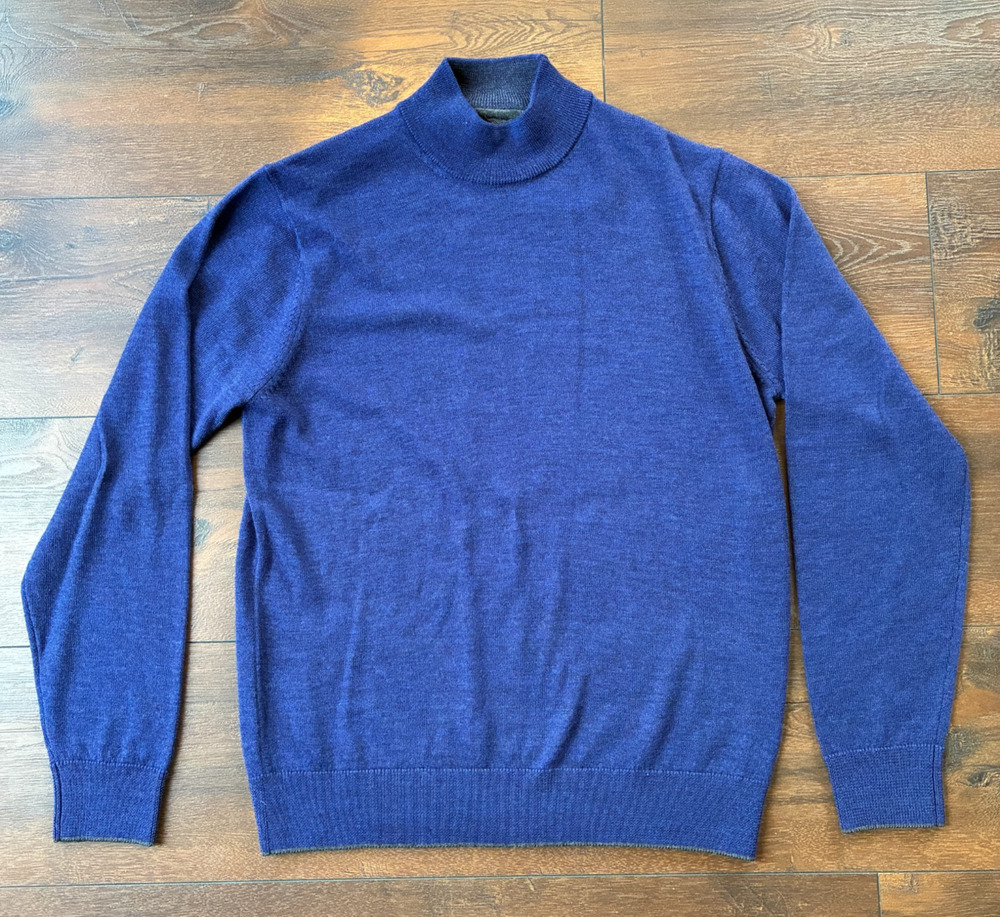 Raffi Menβs Merino Wool Mock Neck Sweater Blue Long Sleeve Pullover Knit, Size M